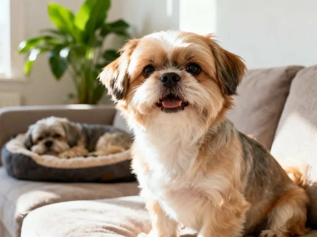 Dorosły shih tzu na kanapie patrzy w kamerę, w tle starszy pies tej rasy odpoczywa na legowisku w jasnym salonie.