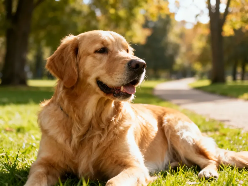 Dorosły golden retriever leży na zielonej trawie w słonecznym parku, zrelaksowany, o błyszczącej sierści i spokojnym spojrzeniu.