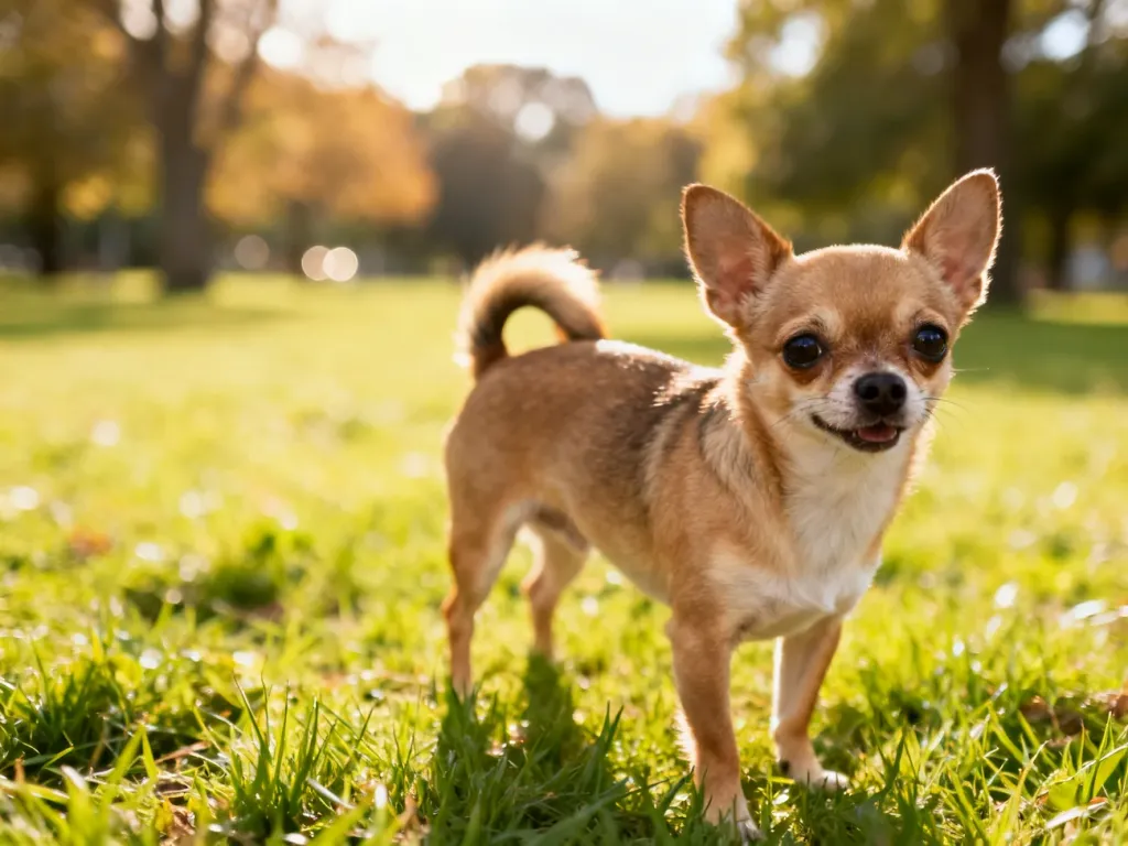 Zdrowy dorosły chihuahua na trawie w słonecznym parku, uważne spojrzenie i energiczna postura, spokojne zielone tło.