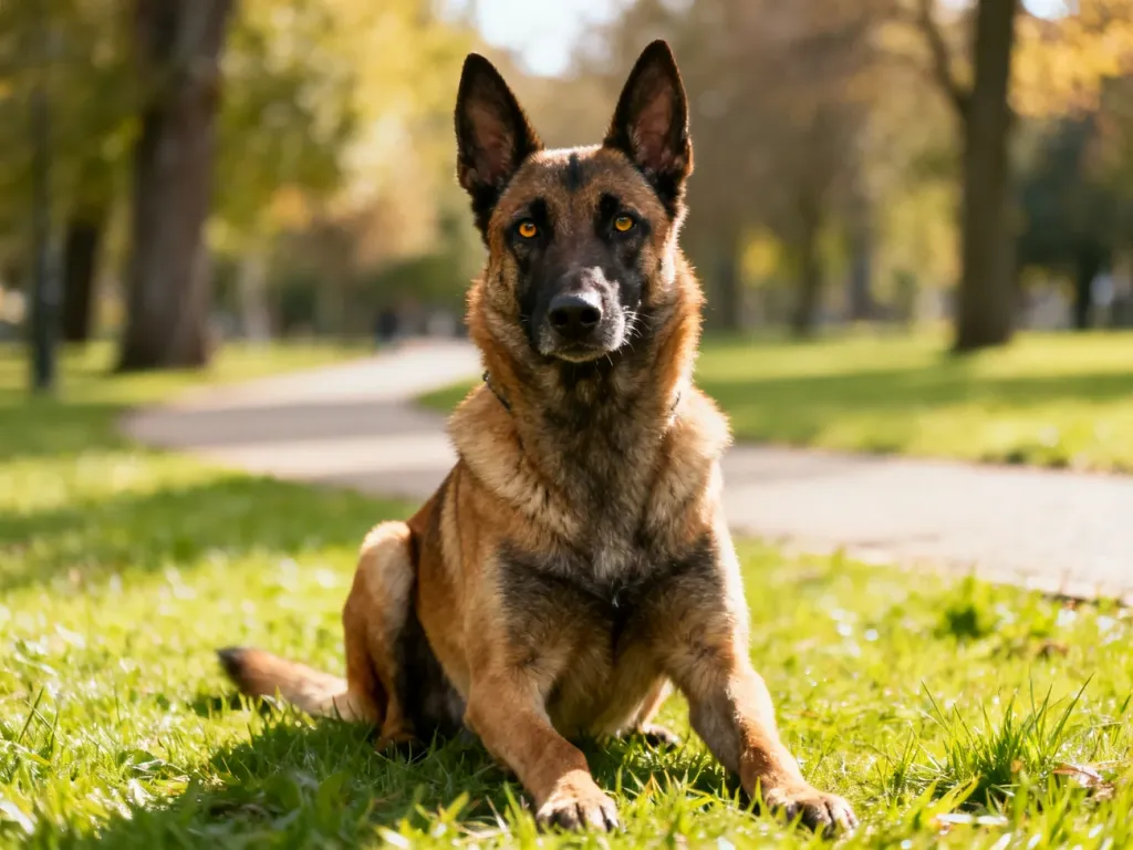 Spokojny owczarek belgijski Malinois siedzący na trawie w słonecznym parku, uważny i w pełni zdrowy.