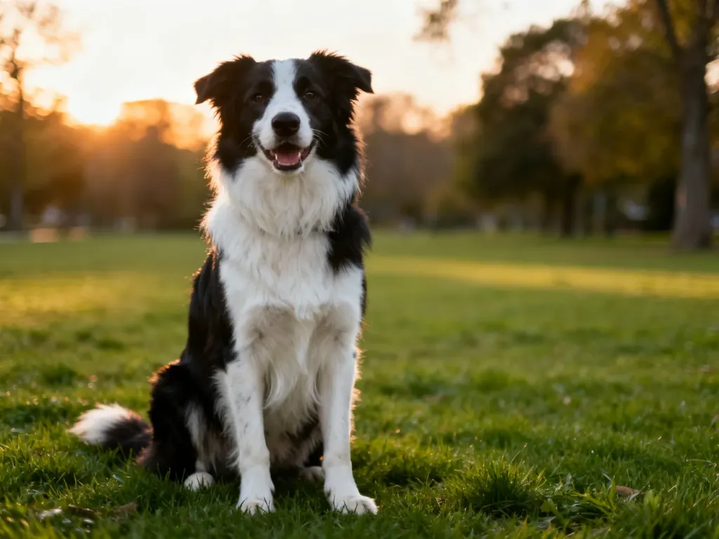 Dorosły, zdrowy border collie siedzący na trawie w parku, uważny i pogodny, symbol aktywnego, spokojnego życia na świeżym powietrzu.