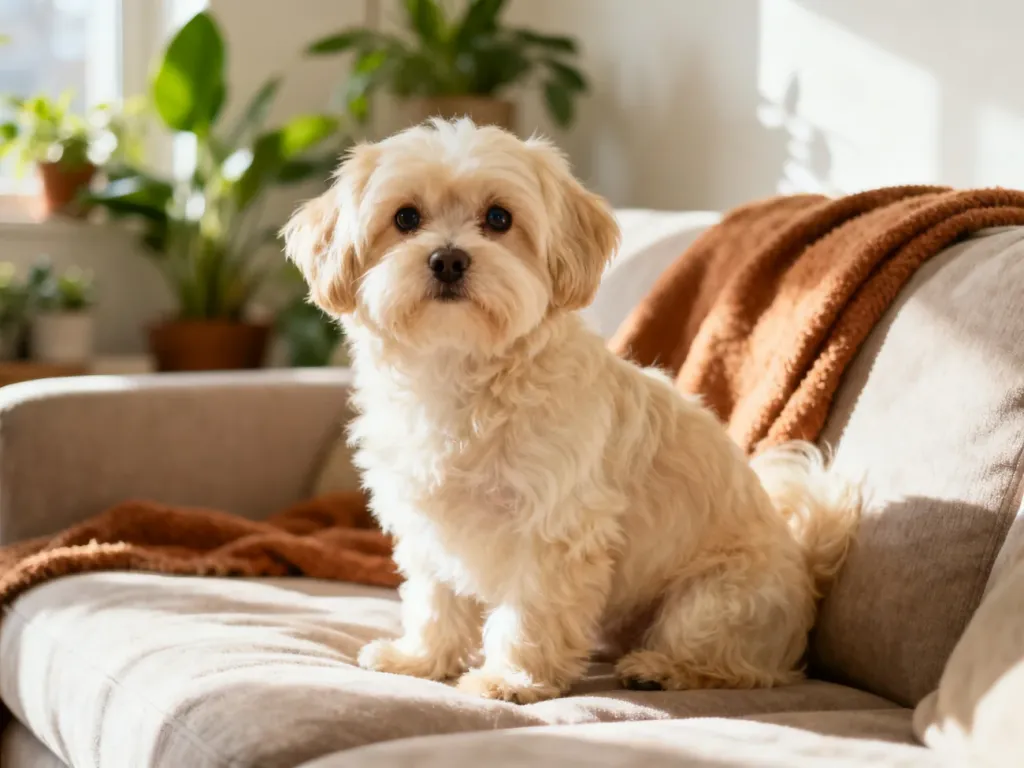 Kremowy piesek Maltipoo siedzi spokojnie na kanapie w jasnym salonie, ukazując puszystą sierść i zdrowy, spokojny wygląd.