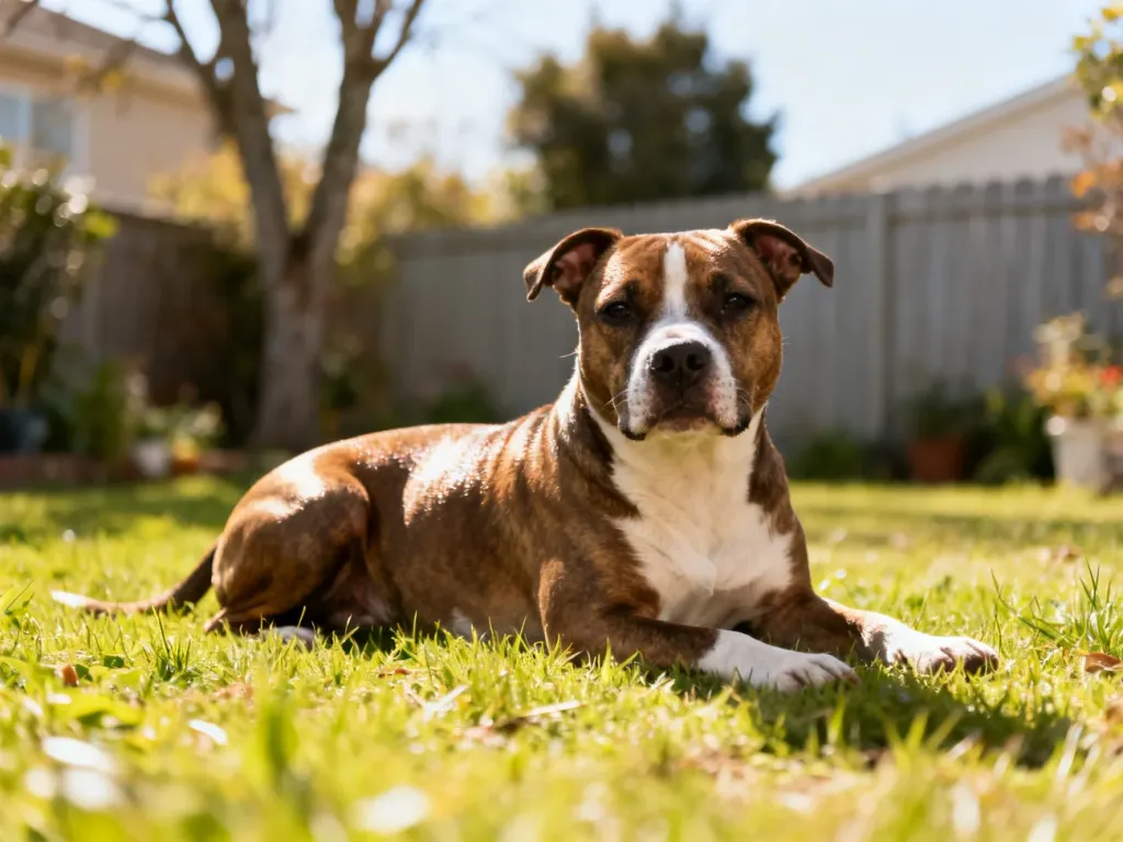 Spokojny dorosły amstaff leżący na trawie w słonecznym ogrodzie, symbol zdrowia, dobrych warunków i długiego życia psa.
