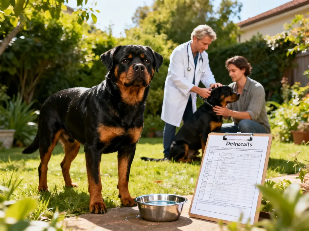 Zdrowy rottweiler obok miski z wodą i listy kontrolnej zdrowia, w tle weterynarz badający psa w ogrodzie.