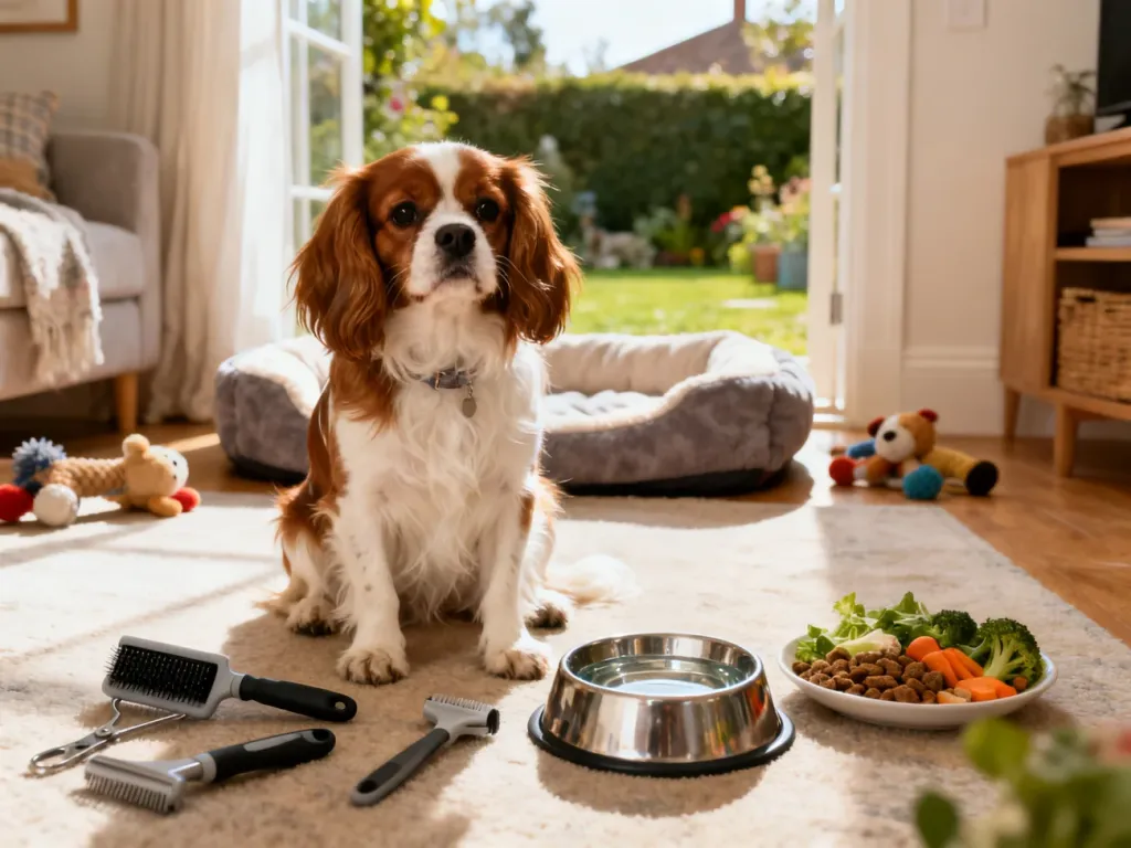 Cavalier King Charles Spaniel siedzący obok akcesoriów do pielęgnacji i zdrowego posiłku w przytulnym, domowym wnętrzu.