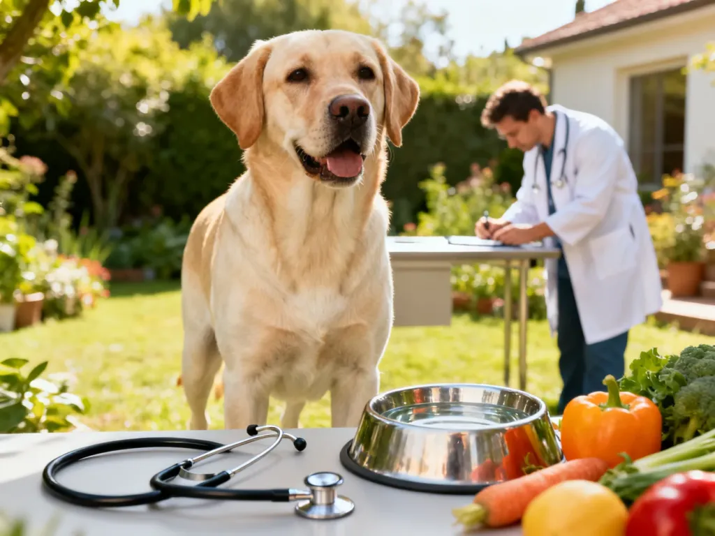 Zdrowy labrador obok miski z wodą i warzyw, w tle weterynarz badający psa w słonecznym ogrodzie.