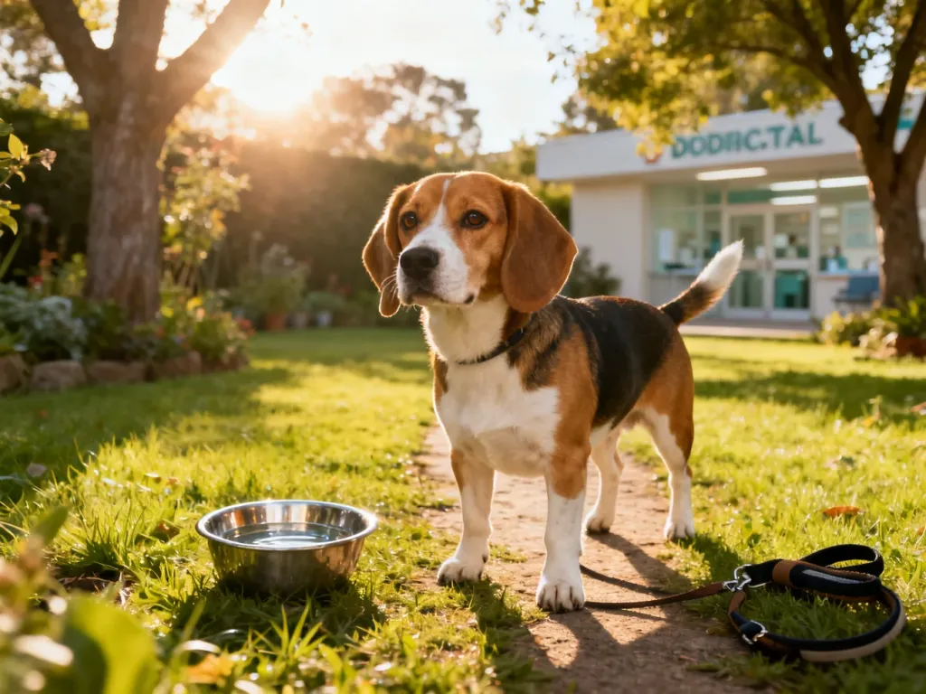 Zdrowy pies rasy beagle stojący na ścieżce w ogrodzie, gotowy do spaceru i opieki weterynaryjnej.