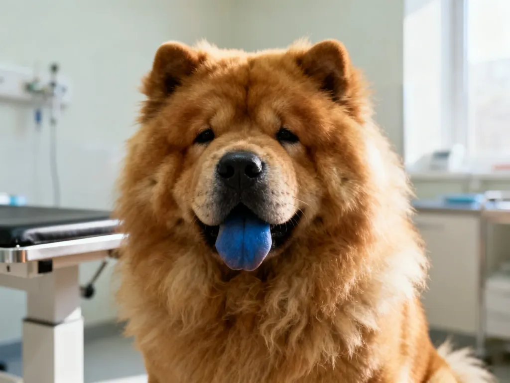 Zadbany pies rasy chow chow siedzący w gabinecie weterynaryjnym, podkreślający znaczenie regularnej opieki zdrowotnej.