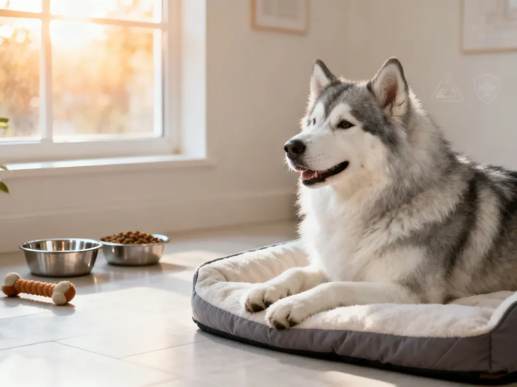 Alaskan malamute odpoczywający na wygodnym legowisku w jasnym wnętrzu, co podkreśla dbałość o zdrowie i komfort psa.