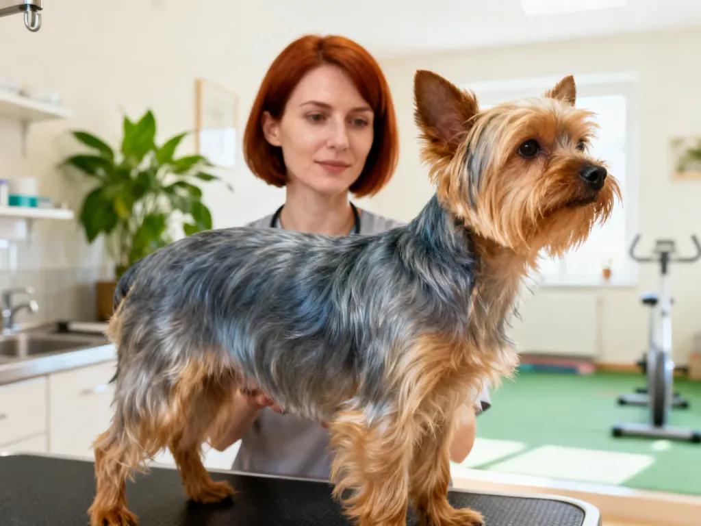 Zadbany Yorkshire terrier obok swojej właścicielki w przyjaznym wnętrzu gabinetu weterynaryjnego.