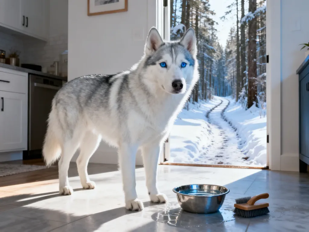 Zdrowy husky syberyjski z niebieskimi oczami stoi w domu obok miski z wodą i szczotki do pielęgnacji, z widokiem na las.
