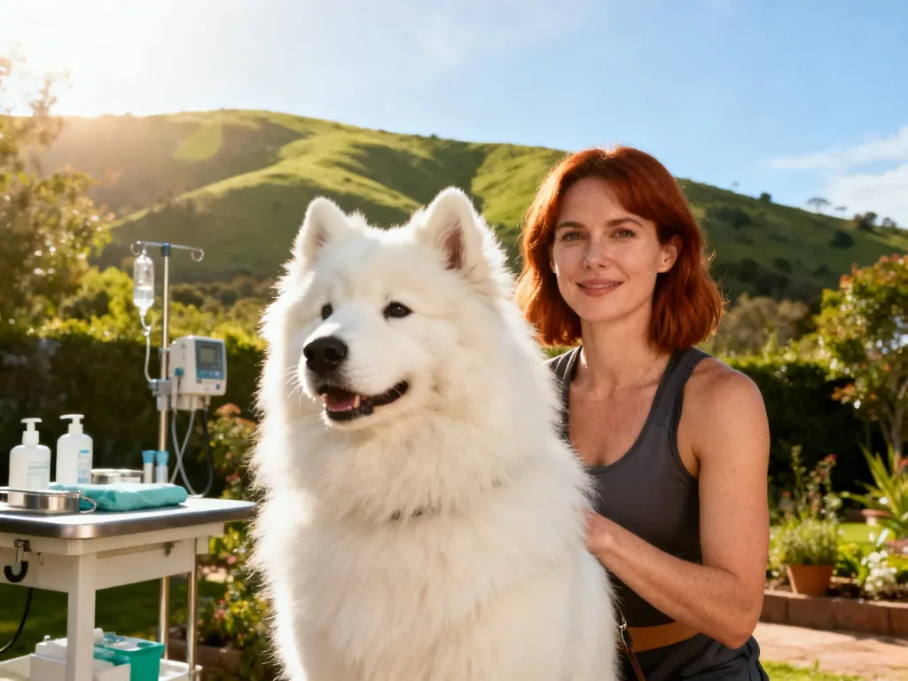 Puszysty samojed z opiekunką w słonecznym ogrodzie, podkreślający znaczenie troskliwej opieki nad zdrowiem tej rasy.