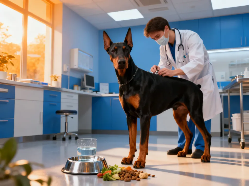 Zdrowy doberman podczas rutynowej wizyty kontrolnej u weterynarza w nowoczesnym gabinecie.