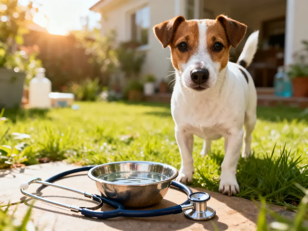 Zdrowy Jack Russell terrier obok stetoskopu i miski z wodą, symbolizujący troskę o kondycję i długowieczność psa.