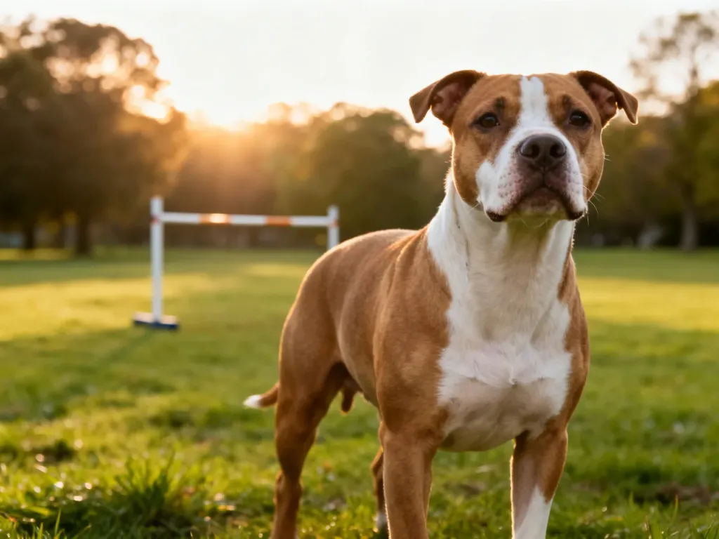 Zdrowy pitbull o muskularnej budowie ciała odpoczywający w zielonym parku w promieniach porannego słońca.
