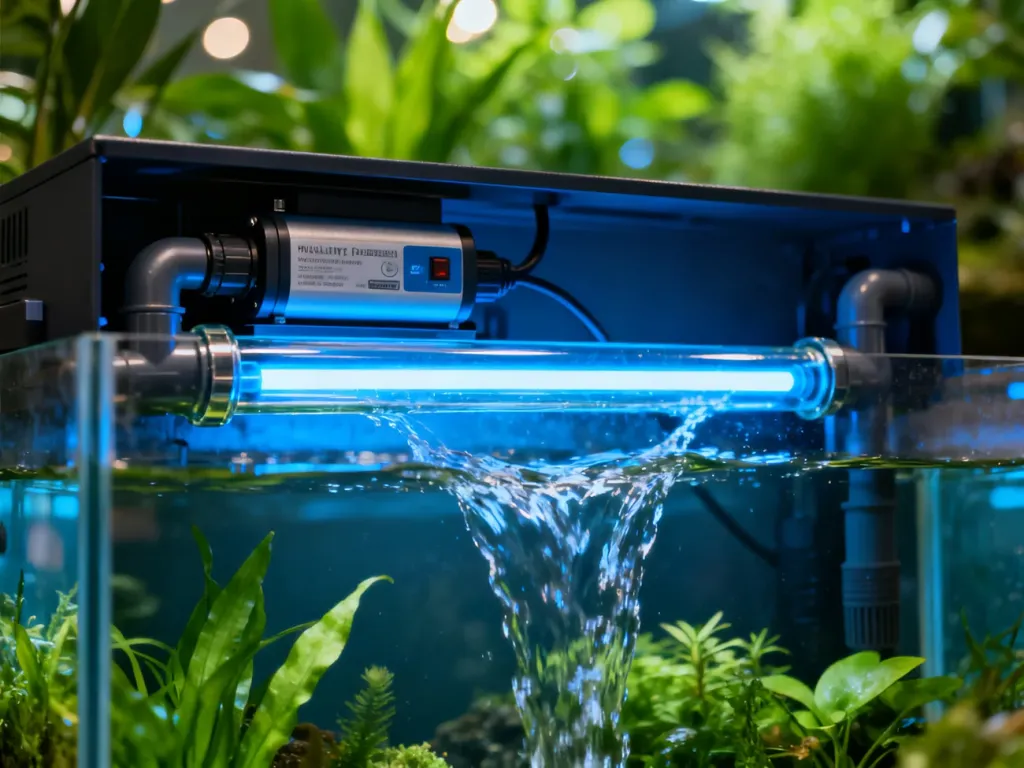 Lampa UV zamontowana w systemie filtracji akwarium, emitująca niebieskie światło wewnątrz szklanej rurki.