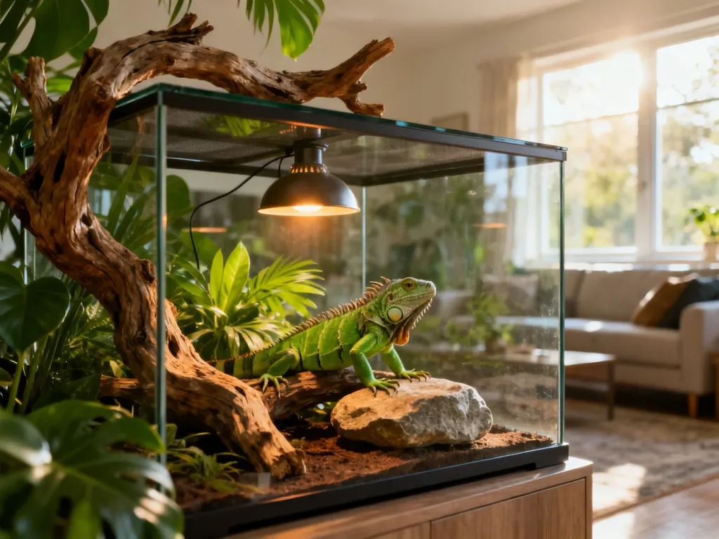 Przestronne, nowoczesne terrarium dla legwana z naturalnymi konarami, roślinnością i lampą grzewczą w jasnym salonie.