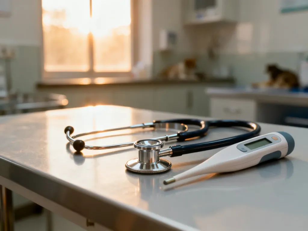 Stetoskop i termometr cyfrowy na stole w gabinecie weterynaryjnym, symbolizujące profesjonalną diagnostykę medyczną.
