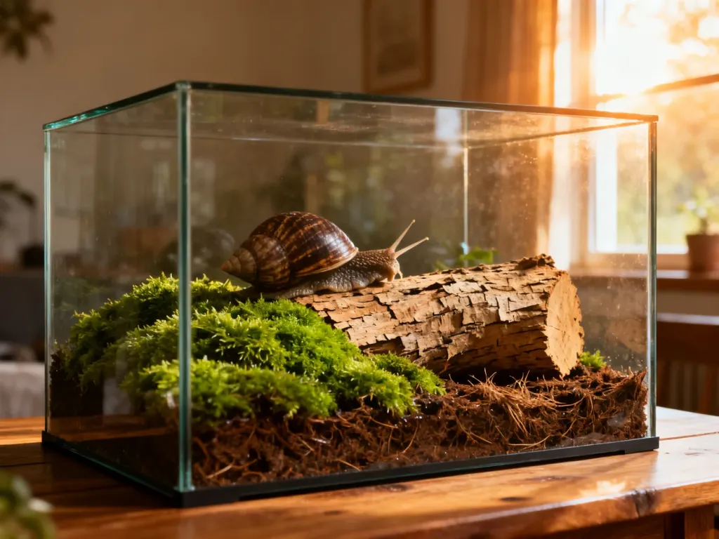 Przestronne szklane terrarium dla ślimaka afrykańskiego z mchem, włóknem kokosowym i korą w przytulnym wnętrzu.
