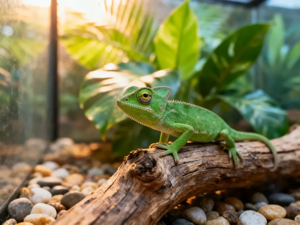 Mała zielona jaszczurka siedząca na drewnianej gałęzi w terrarium z tropikalną roślinnością.