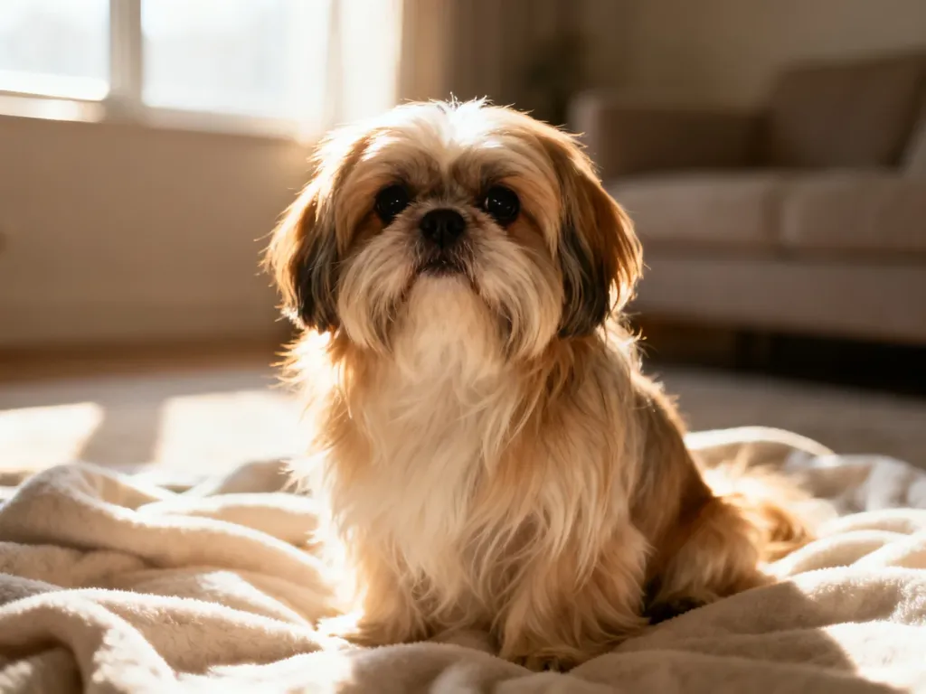 Zadbany pies rasy shih tzu siedzący na miękkim kocu w przytulnym, nasłonecznionym wnętrzu.